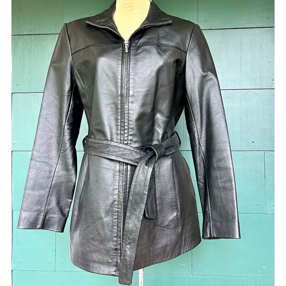 Vintage Y2K Worthington Black Genuine Leather Zip Belted Red Lining Jacket Small